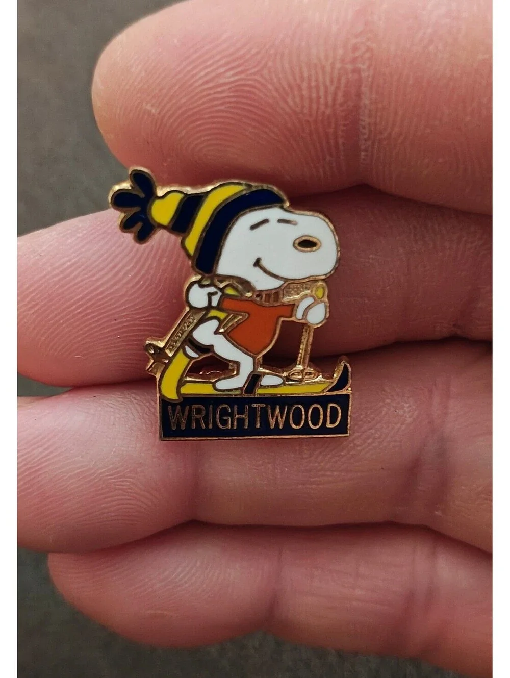 1970s Peanuts Snoopy Skiing Wrightwood  Cloisonné Gold Tone Enamel Pin